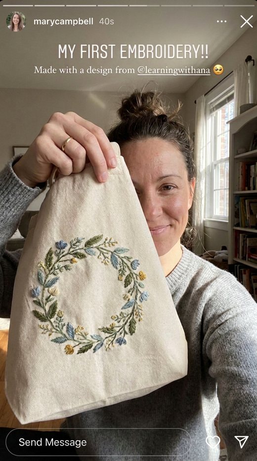 Mary Campbell's first embroidery, shared on Instagram