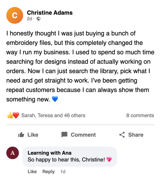 Facebook comment from Christine Adams: this completely changed the way I run my business